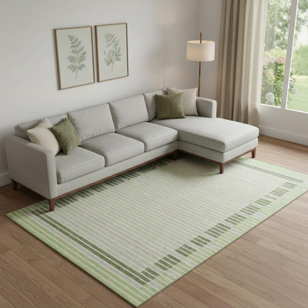 HomeRoots 9' X 12' Striped Artichoke Green, Ivory & Gray Washable Area Rug with UV Protection & Non-Slip Backing 693449