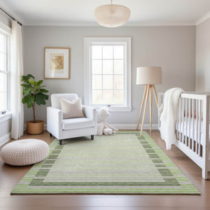 HomeRoots 9' X 12' Striped Artichoke Green, Ivory & Gray Washable Area Rug with UV Protection & Non-Slip Backing 693449