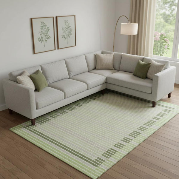 HomeRoots 10' X 14' Stylish Artichoke Green Striped Washable Area Rug with UV Protection for High-Traffic Homes 693450