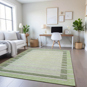 HomeRoots 10' X 14' Stylish Artichoke Green Striped Washable Area Rug with UV Protection for High-Traffic Homes 693450