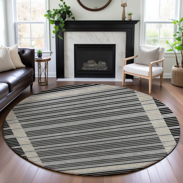 HomeRoots 8' X 8' Stylish Black, Gray, and Silver Striped Washable Round Rug with UV Protection for Durability 693453