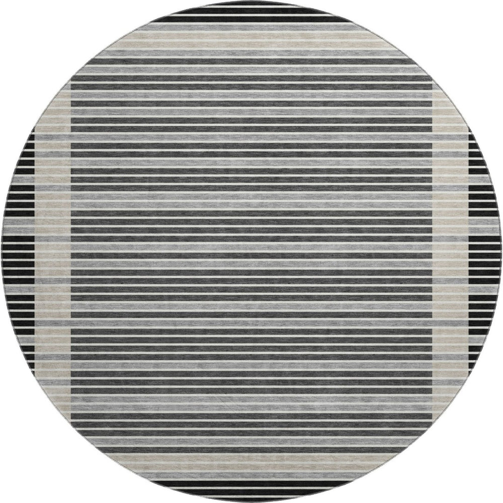 HomeRoots 8' X 8' Stylish Black, Gray, and Silver Striped Washable Round Rug with UV Protection for Durability 693453