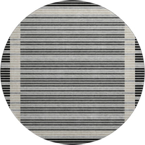 HomeRoots 8' X 8' Stylish Black, Gray, and Silver Striped Washable Round Rug with UV Protection for Durability 693453