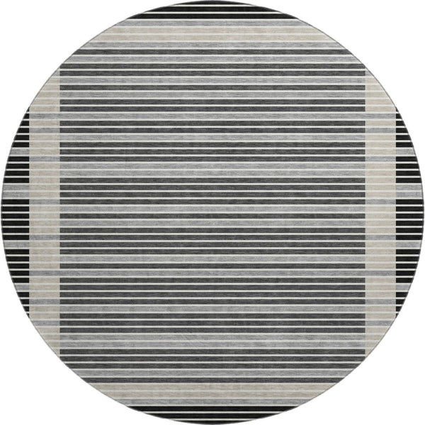 HomeRoots 8' X 8' Stylish Black, Gray, and Silver Striped Washable Round Rug with UV Protection for Durability 693453