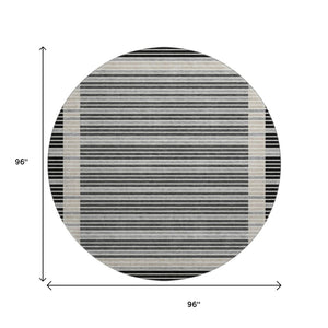 HomeRoots 8' X 8' Stylish Black, Gray, and Silver Striped Washable Round Rug with UV Protection for Durability 693453