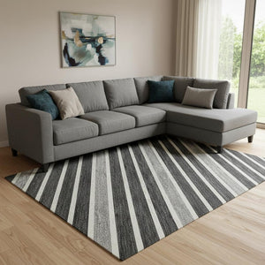 HomeRoots 8' Washable Striped Area Rug in Black, Gray & Silver – UV Protected, Stain Resistant & Non-Slip! 693454