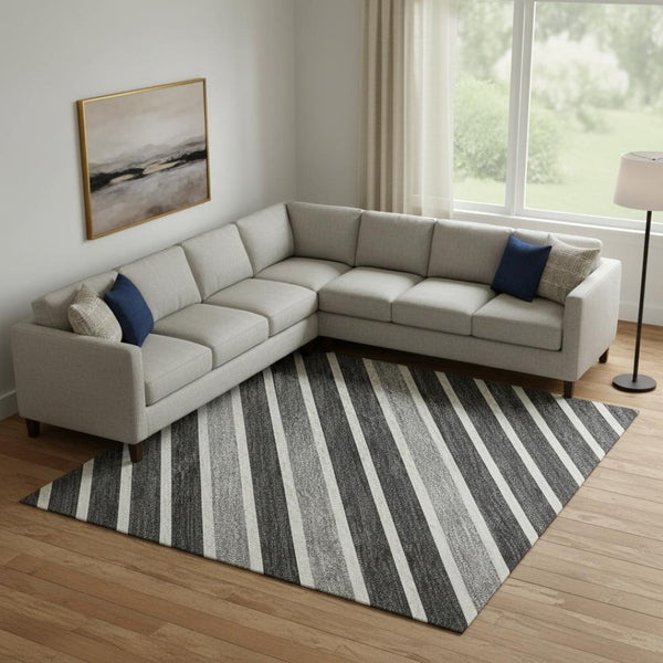 HomeRoots 9' X 12' Stylish Black Gray Silver Striped Washable Area Rug with UV Protection for Durability 693455