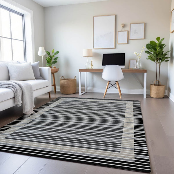 HomeRoots 10' X 14' Stylish Black, Gray & Silver Striped Washable Area Rug with UV Protection & Non-Slip Backing 693456