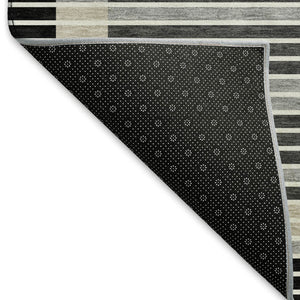 HomeRoots 10' X 14' Stylish Black, Gray & Silver Striped Washable Area Rug with UV Protection & Non-Slip Backing 693456