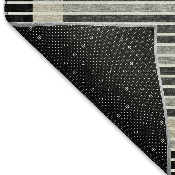 HomeRoots 10' X 14' Stylish Black, Gray & Silver Striped Washable Area Rug with UV Protection & Non-Slip Backing 693456