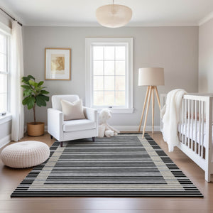 HomeRoots 10' X 14' Stylish Black, Gray & Silver Striped Washable Area Rug with UV Protection & Non-Slip Backing 693456