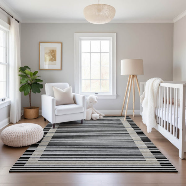 HomeRoots 10' X 14' Stylish Black, Gray & Silver Striped Washable Area Rug with UV Protection & Non-Slip Backing 693456