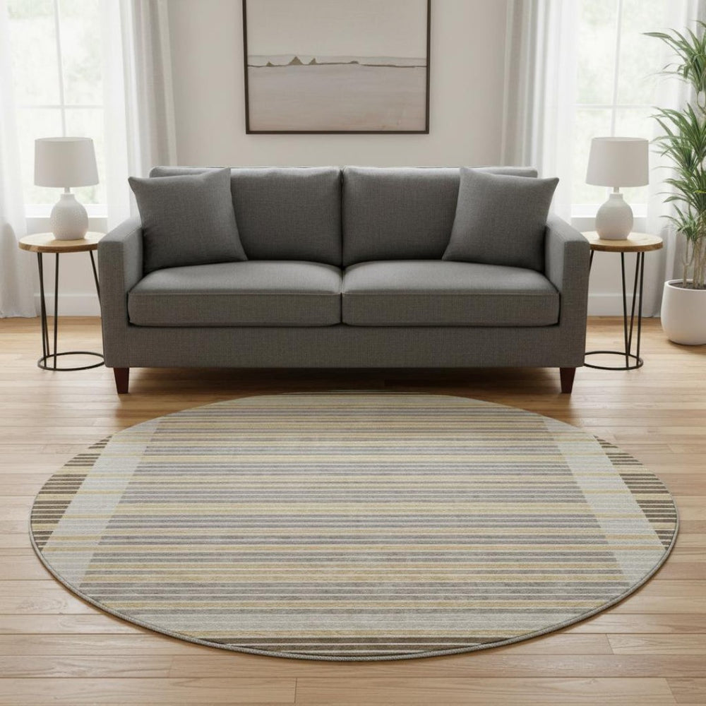 HomeRoots 8' Round Washable Area Rug in Brown, Gold & Silver Stripes - UV Protection & Non-Slip Backing! 693459