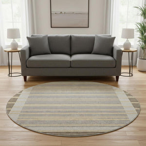 HomeRoots 8' Round Washable Area Rug in Brown, Gold & Silver Stripes - UV Protection & Non-Slip Backing! 693459