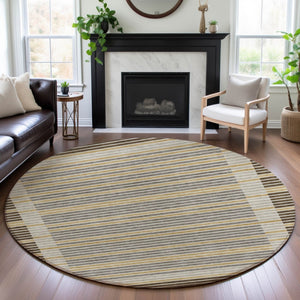 HomeRoots 8' Round Washable Area Rug in Brown, Gold & Silver Stripes - UV Protection & Non-Slip Backing! 693459