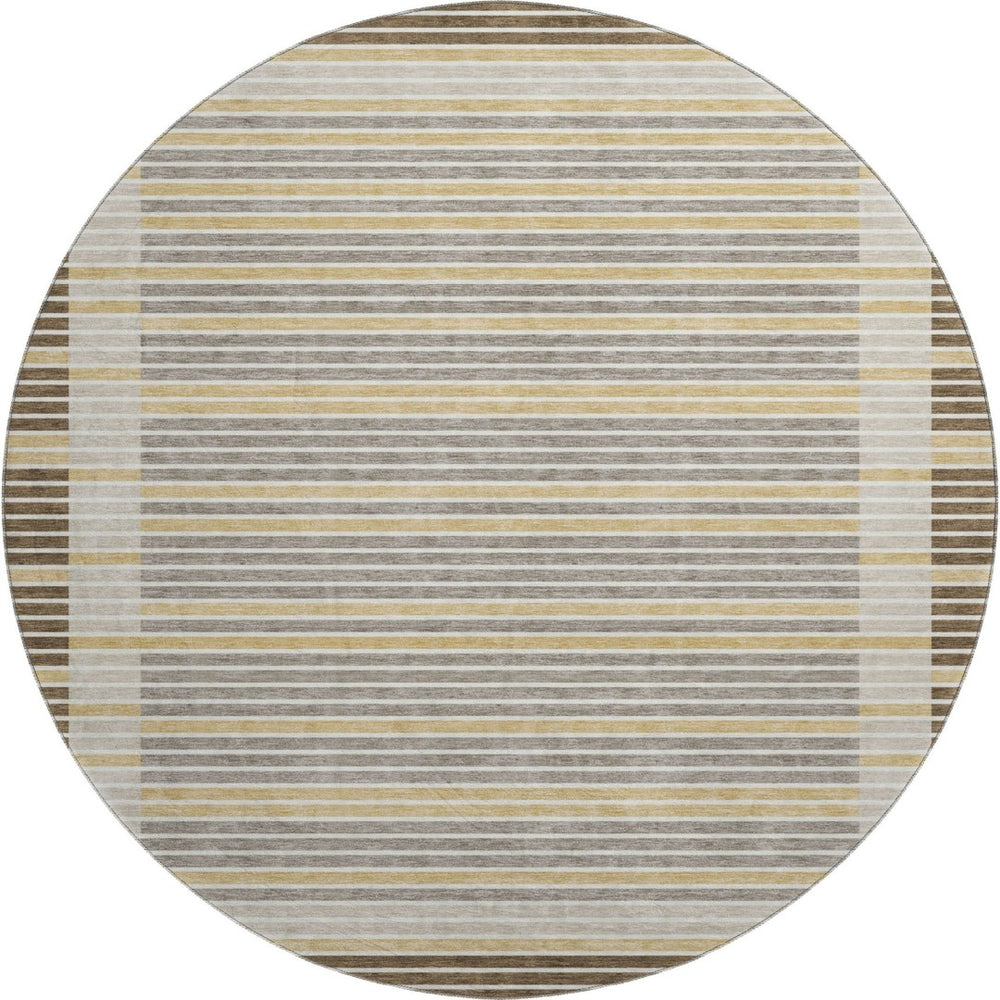 HomeRoots 8' Round Washable Area Rug in Brown, Gold & Silver Stripes - UV Protection & Non-Slip Backing! 693459