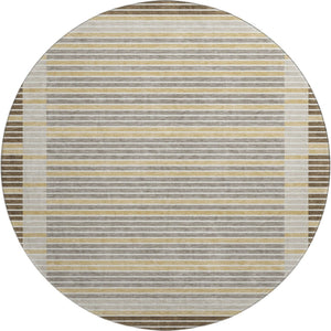 HomeRoots 8' Round Washable Area Rug in Brown, Gold & Silver Stripes - UV Protection & Non-Slip Backing! 693459