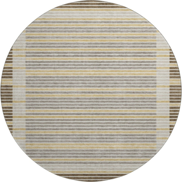 HomeRoots 8' Round Washable Area Rug in Brown, Gold & Silver Stripes - UV Protection & Non-Slip Backing! 693459