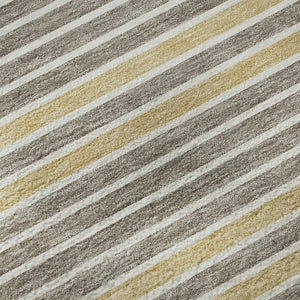 HomeRoots 8' Round Washable Area Rug in Brown, Gold & Silver Stripes - UV Protection & Non-Slip Backing! 693459