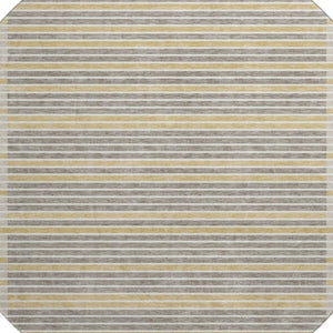 HomeRoots 8' Round Washable Area Rug in Brown, Gold & Silver Stripes - UV Protection & Non-Slip Backing! 693459