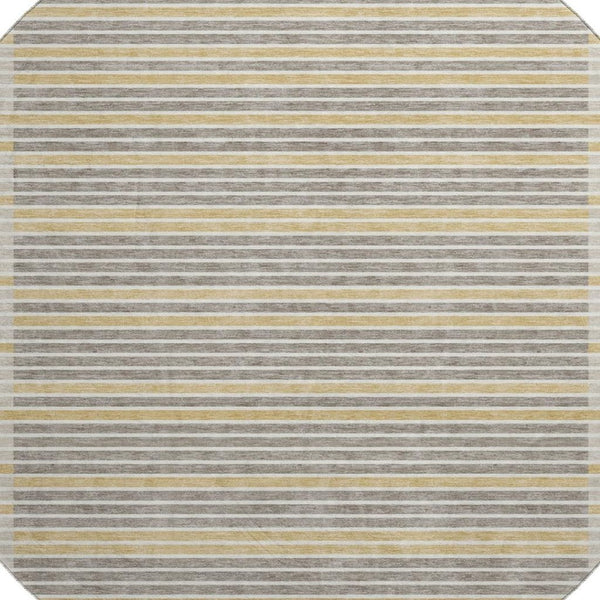HomeRoots 8' Round Washable Area Rug in Brown, Gold & Silver Stripes - UV Protection & Non-Slip Backing! 693459