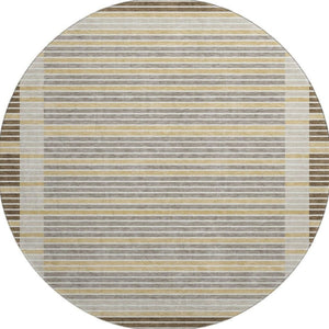 HomeRoots 8' Round Washable Area Rug in Brown, Gold & Silver Stripes - UV Protection & Non-Slip Backing! 693459