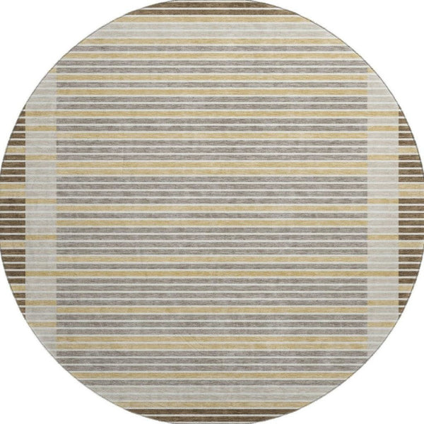 HomeRoots 8' Round Washable Area Rug in Brown, Gold & Silver Stripes - UV Protection & Non-Slip Backing! 693459