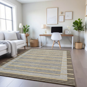 HomeRoots 8' Stylish Brown Gold & Silver Striped Washable Area Rug with UV Protection for Modern Homes 693460
