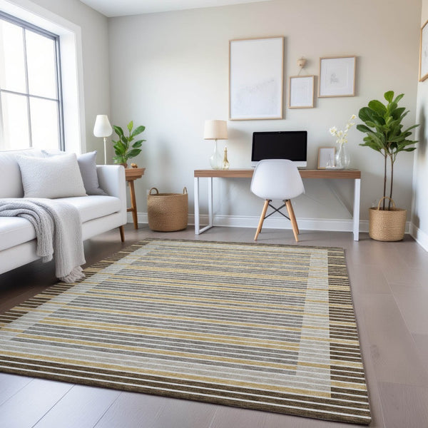 HomeRoots 8' Stylish Brown Gold & Silver Striped Washable Area Rug with UV Protection for Modern Homes 693460