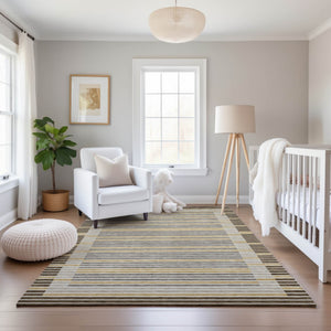 HomeRoots 8' Stylish Brown Gold & Silver Striped Washable Area Rug with UV Protection for Modern Homes 693460