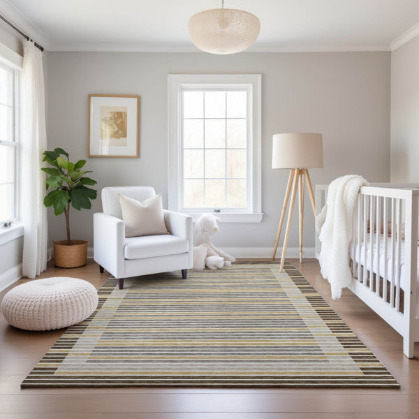 HomeRoots 8' Stylish Brown Gold & Silver Striped Washable Area Rug with UV Protection for Modern Homes 693460