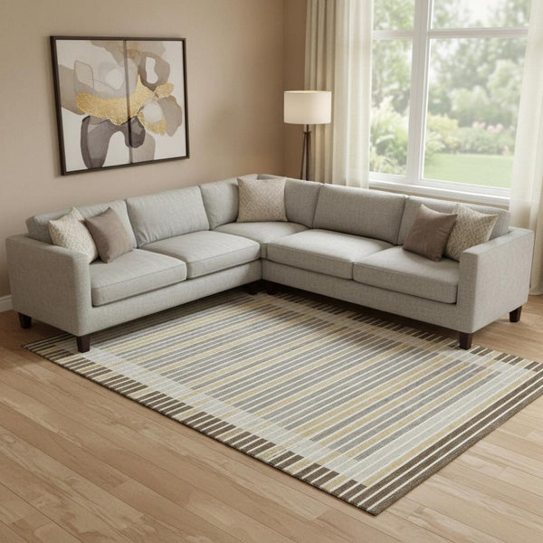 HomeRoots 9' X 12' Stylish Brown, Gold & Silver Striped Area Rug - Washable, UV Protected, & Durable for Homes 693461