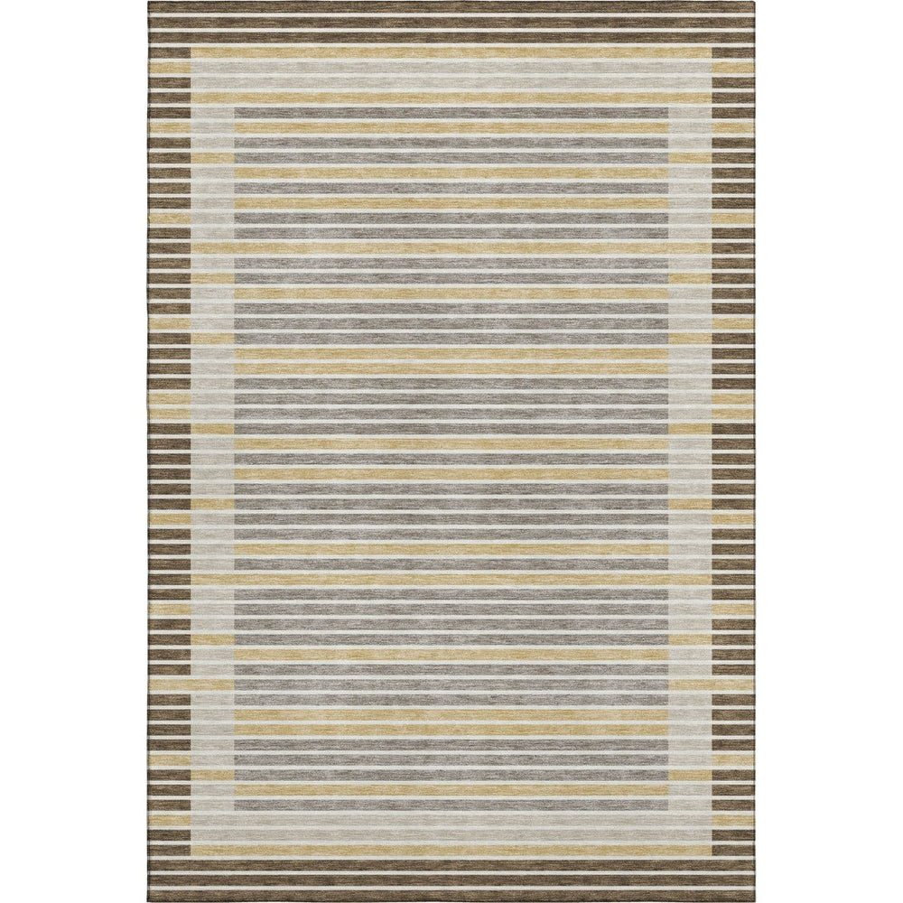 HomeRoots 9' X 12' Stylish Brown, Gold & Silver Striped Area Rug - Washable, UV Protected, & Durable for Homes 693461