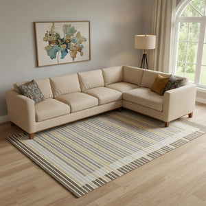 HomeRoots 10' Striped Washable Area Rug in Brown, Gold & Silver - UV Protected, Stain-Resistant, Non-Slip Design 693462