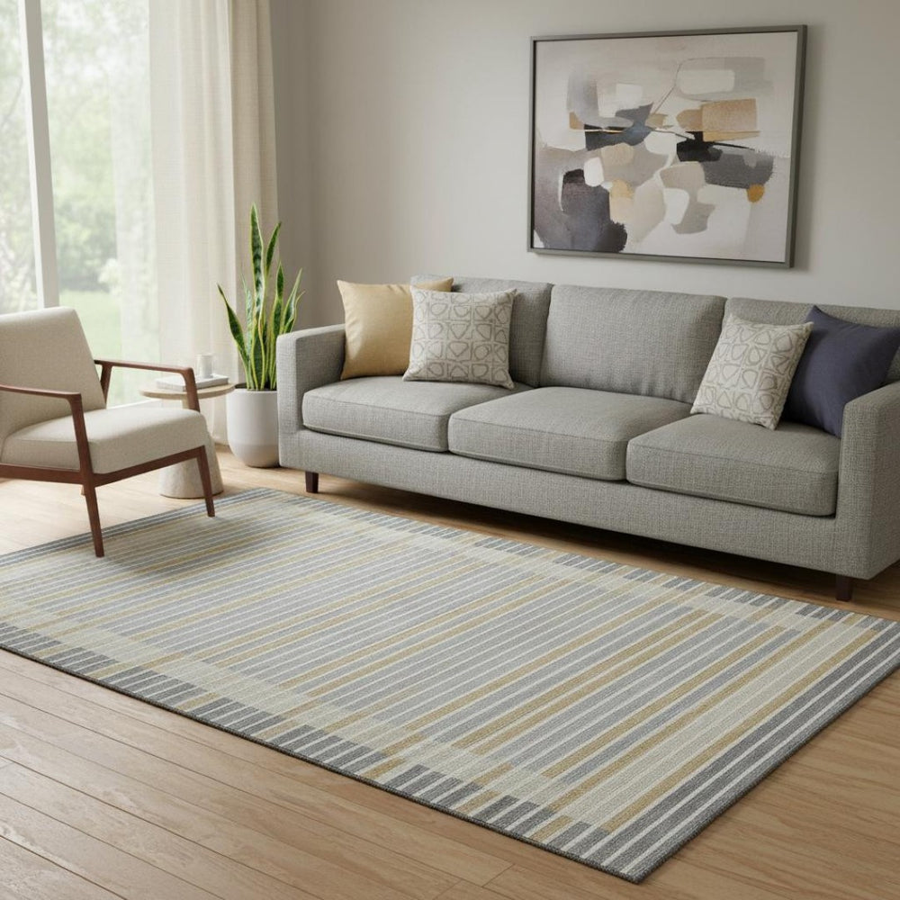 HomeRoots 5' X 8' Gray Gold Silver Striped Area Rug - Washable, UV Protected, Stain Resistant, Pet Friendly 693464
