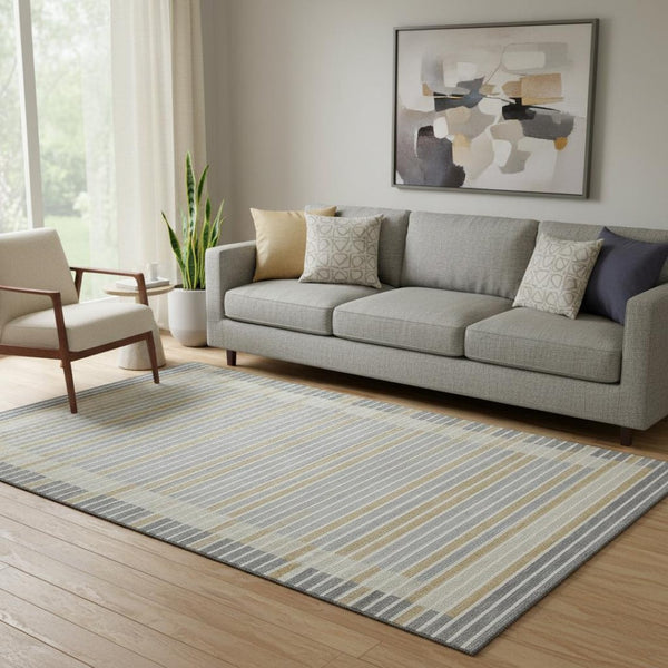 HomeRoots 5' X 8' Gray Gold Silver Striped Area Rug - Washable, UV Protected, Stain Resistant, Pet Friendly 693464