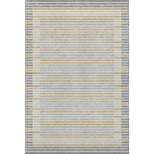 HomeRoots 5' X 8' Gray Gold Silver Striped Area Rug - Washable, UV Protected, Stain Resistant, Pet Friendly 693464