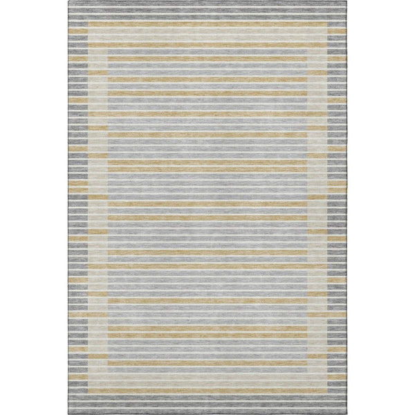 HomeRoots 5' X 8' Gray Gold Silver Striped Area Rug - Washable, UV Protected, Stain Resistant, Pet Friendly 693464