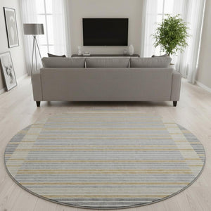 HomeRoots 8' Round Washable Rug in Gray, Gold & Silver Stripes - UV Protection & Stain-Resistant for Homes 693465