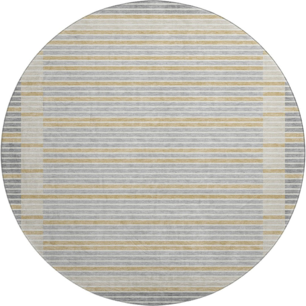 HomeRoots 8' Round Washable Rug in Gray, Gold & Silver Stripes - UV Protection & Stain-Resistant for Homes 693465