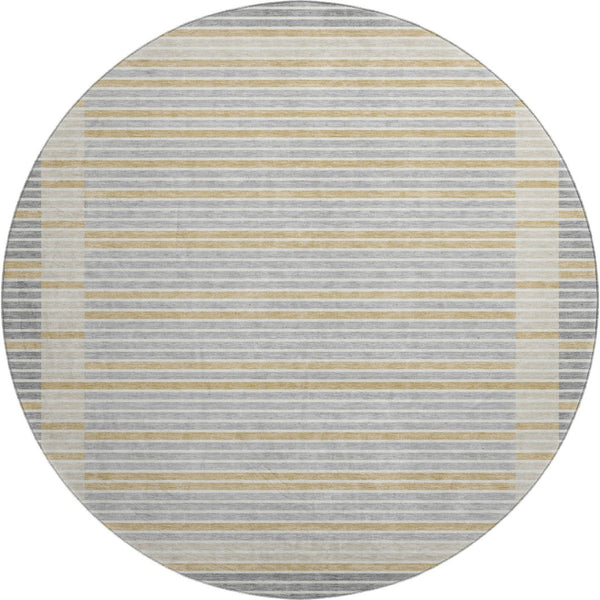HomeRoots 8' Round Washable Rug in Gray, Gold & Silver Stripes - UV Protection & Stain-Resistant for Homes 693465