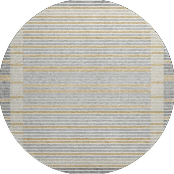 HomeRoots 8' Round Washable Rug in Gray, Gold & Silver Stripes - UV Protection & Stain-Resistant for Homes 693465