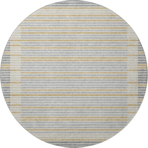 HomeRoots 8' Round Washable Rug in Gray, Gold & Silver Stripes - UV Protection & Stain-Resistant for Homes 693465