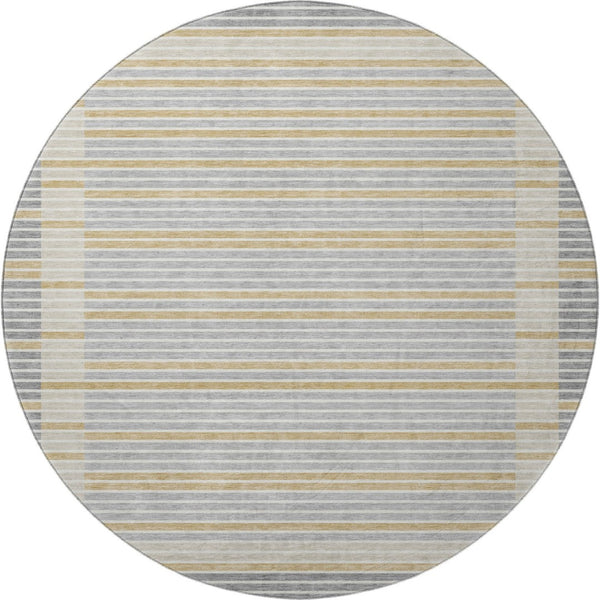 HomeRoots 8' Round Washable Rug in Gray, Gold & Silver Stripes - UV Protection & Stain-Resistant for Homes 693465