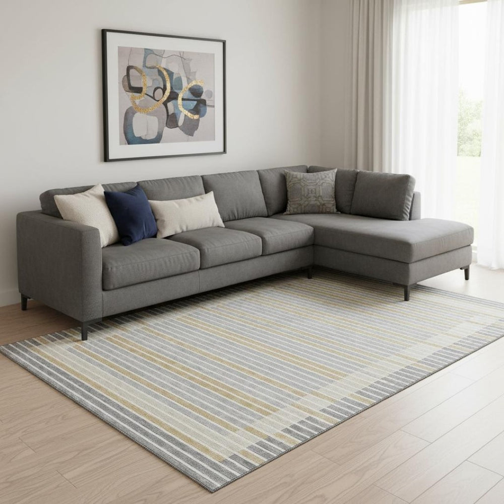 HomeRoots 8' Striped Washable Area Rug in Gray, Gold & Silver - UV Protected, Durable & Easy to Clean! 693466