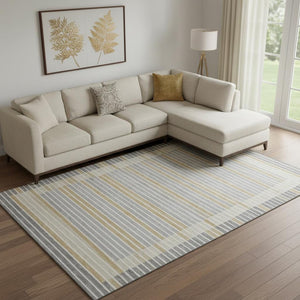 HomeRoots 9' X 12' Striped Gray Gold Silver Area Rug - Washable, UV Protected, Stain-Resistant, Durable Design 693467