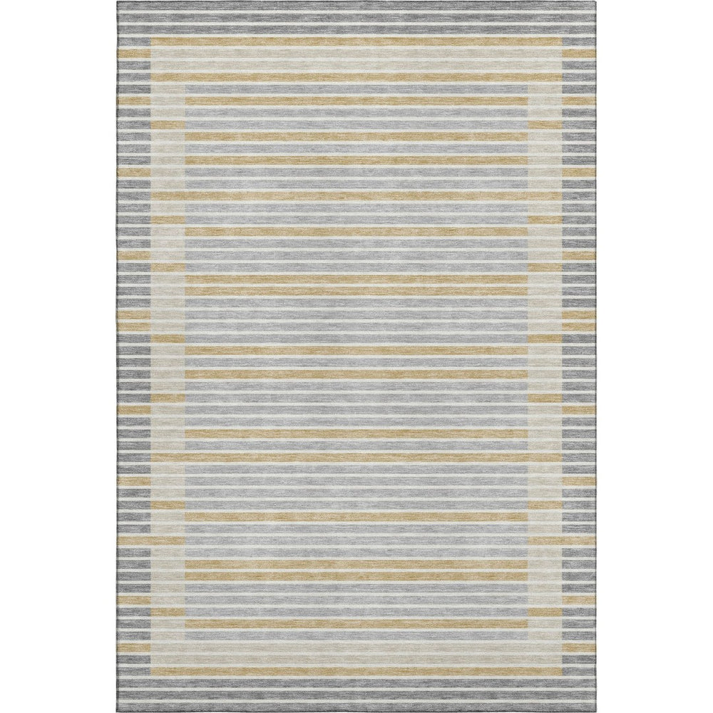 HomeRoots 9' X 12' Striped Gray Gold Silver Area Rug - Washable, UV Protected, Stain-Resistant, Durable Design 693467