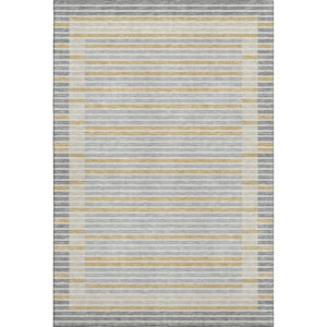 HomeRoots 9' X 12' Striped Gray Gold Silver Area Rug - Washable, UV Protected, Stain-Resistant, Durable Design 693467