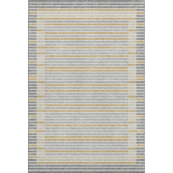 HomeRoots 9' X 12' Striped Gray Gold Silver Area Rug - Washable, UV Protected, Stain-Resistant, Durable Design 693467