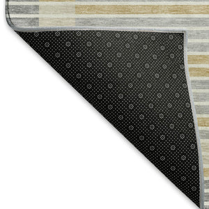 HomeRoots 9' X 12' Striped Gray Gold Silver Area Rug - Washable, UV Protected, Stain-Resistant, Durable Design 693467
